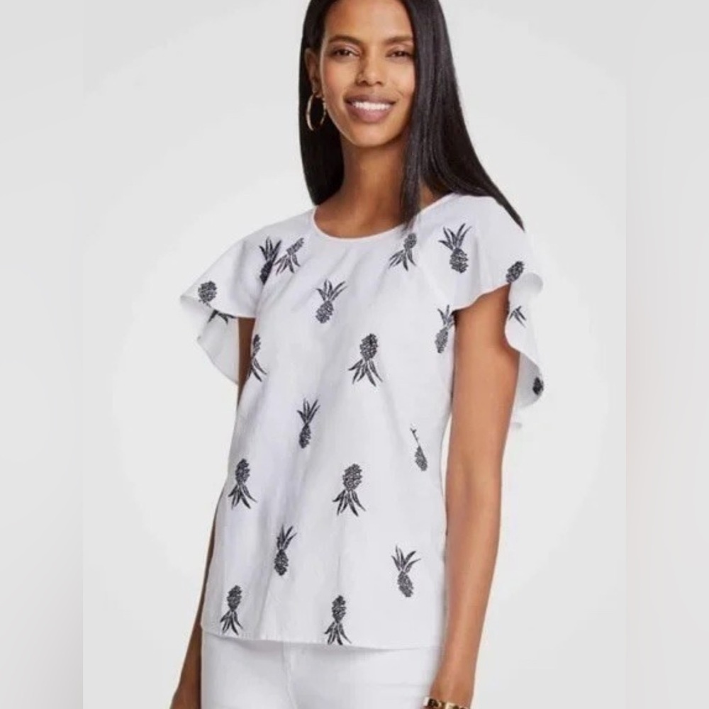Ann Taylor White Flutter Sleeve Black Embroidered Blouse Linen Blend Size XXL